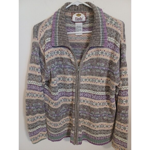 Tiara International Striped Nordic Fair Isle Full Zip Cardigan M Purple Gray Y2K - Picture 2 of 9